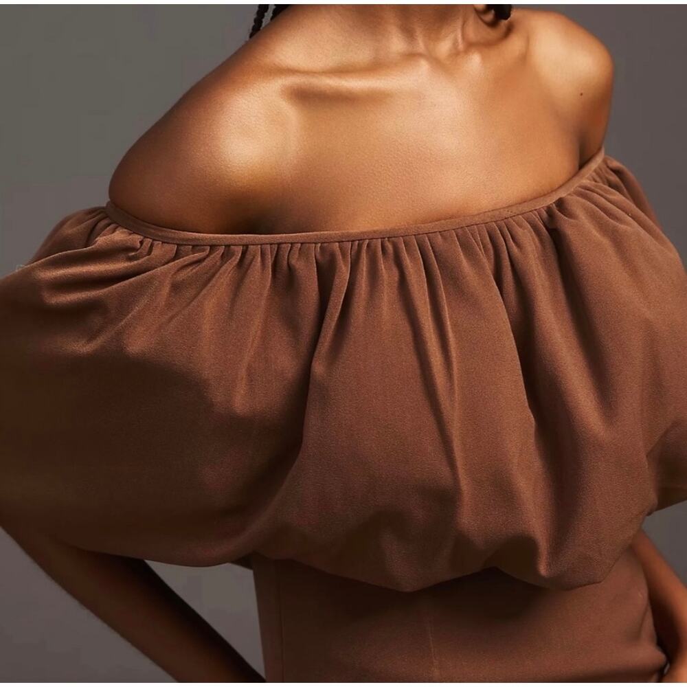 Anthropologie Nikita Mhaisalkar Off-The-Shoulder Bubble Brown Mini Dress Size L - Picture 4 of 14